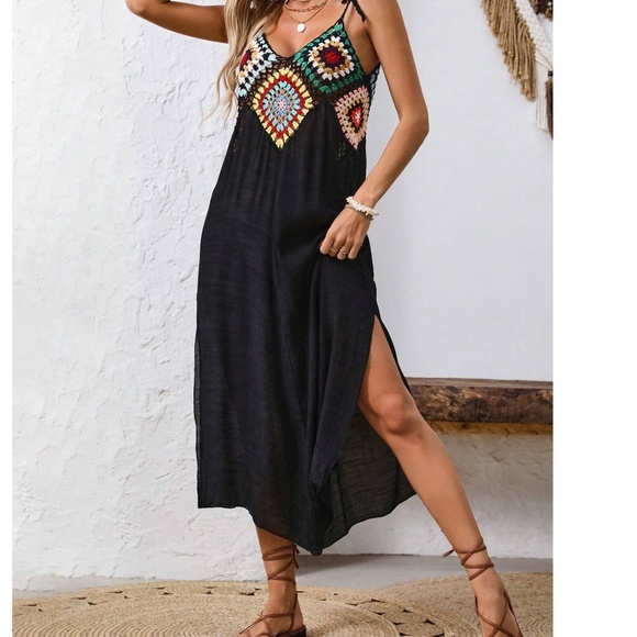 Boho Crochet Semi Sheer Shoulder Tie Split Hem Dress - Picture 3 of 5